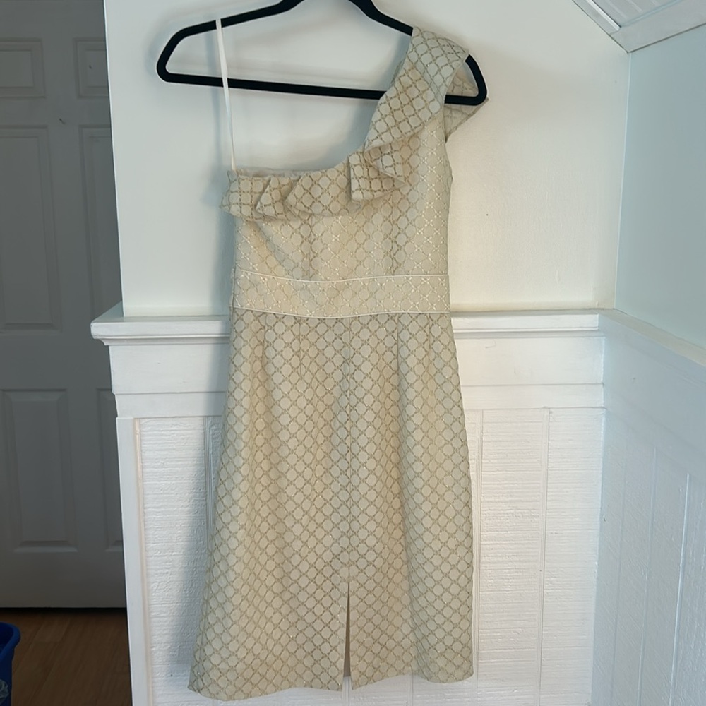 Antonio Melani Champagne Patterned One Shoulder Ruffle Dress size 0 - Picture 5 of 8